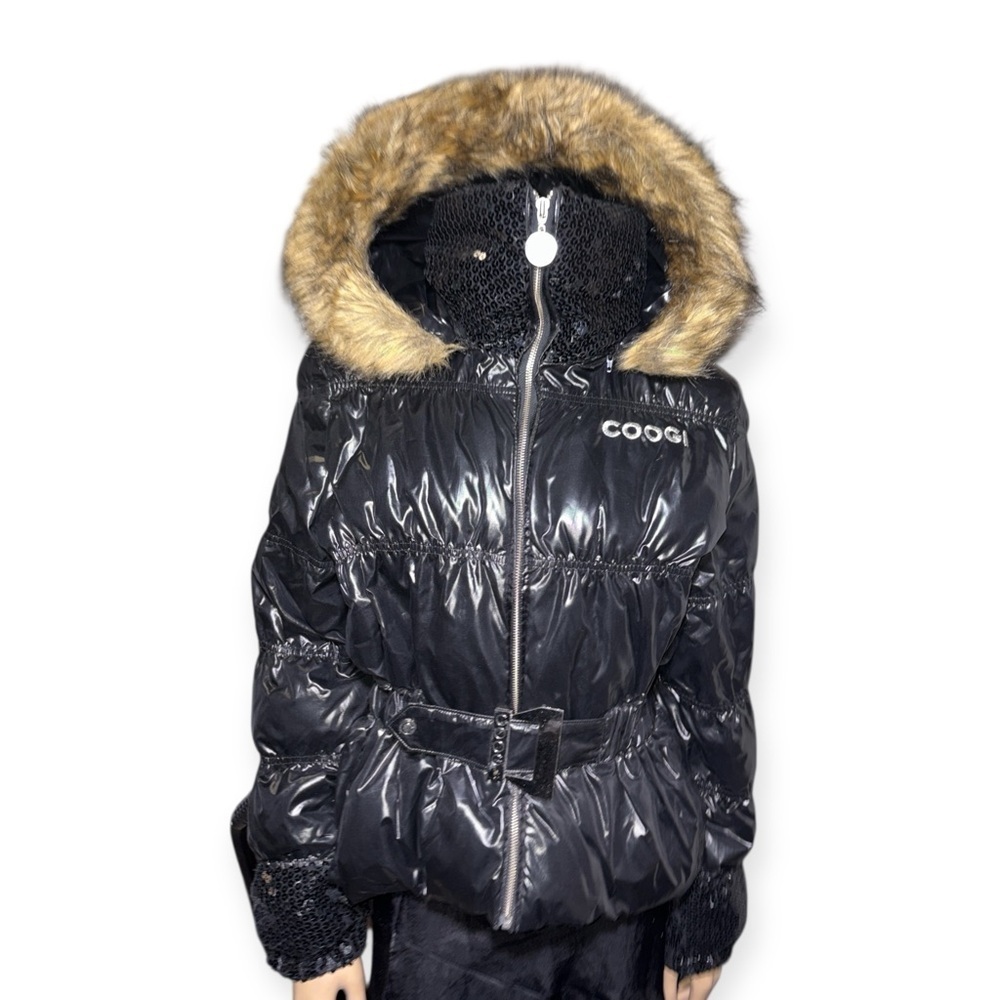 COOGI women’s Shiny Black Jacket with Faux Fur Trim size L